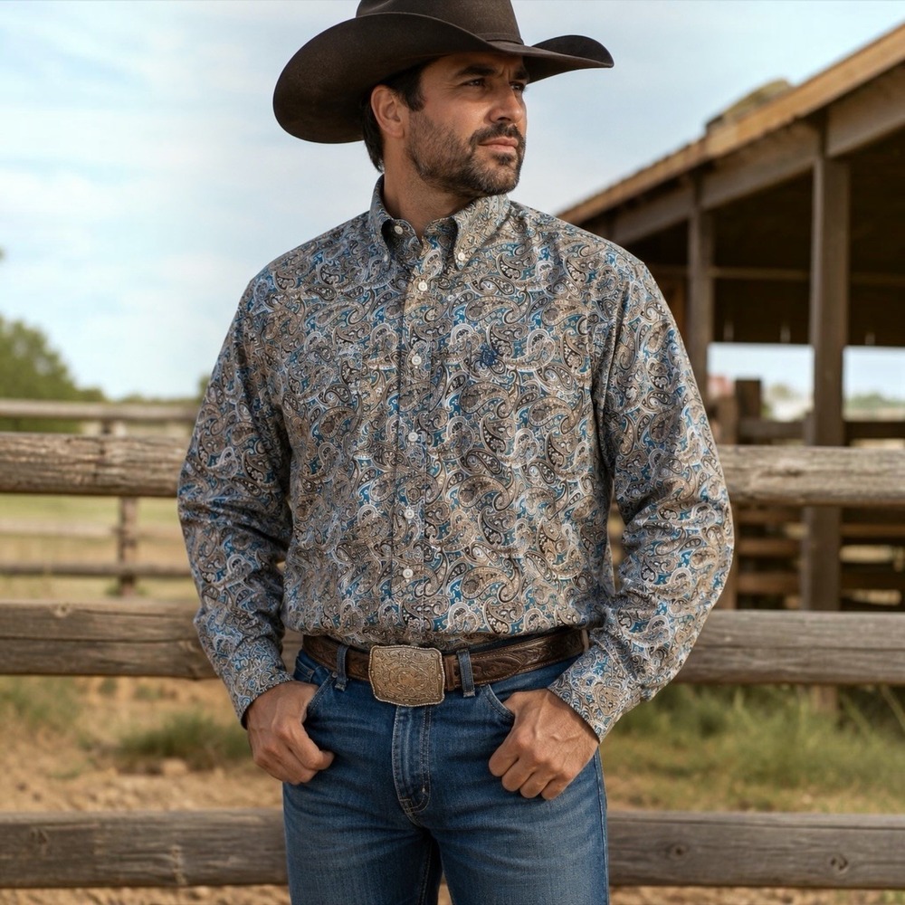 Cinch XXL Paisley Western Button Down Shirt Cowboy Rodeo Blue Tan